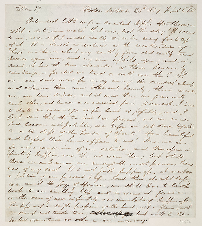 Letter from Nathaniel Hawthorne to Sophia Amelia (Peabody) Hawthorne, 1839. The Huntington Library, Art Collections, and Botanical Gardens.