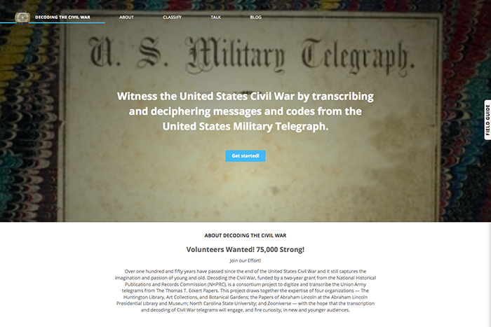 Crowdsourcing project "Decoding the Civil War" launches today.