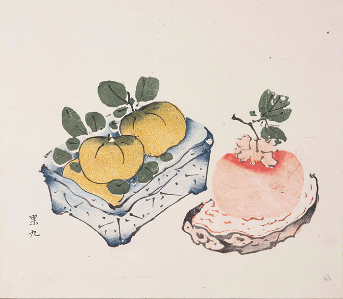 Persimmon and tangerines, Fruit 9, Ten Bamboo Studio Manual of Calligraphy and Painting, ca. 1633–1703, woodblock-printed book mounted as album leaves, ink and colors on paper. The Huntington Library, Art Collections, and Botanical Gardens.