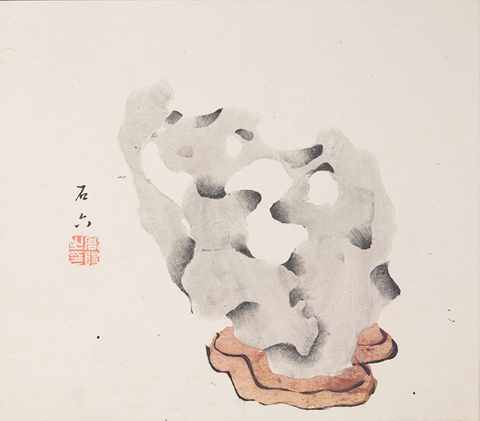 Rock on stand, Rock 6, Ten Bamboo Studio Manual of Calligraphy and Painting, ca. 1633–1703, woodblock-printed book mounted as album leaves, ink and colors on paper. The Huntington Library, Art Collections, and Botanical Gardens.