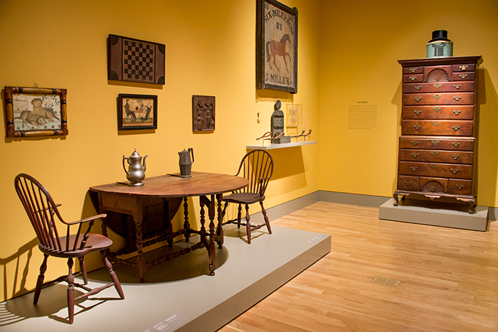 This gallery is arranged to suggest the interior of an American home in the mid-19th century. Jonathan and Karin Fielding Collection. Photo by Kate Lain. 