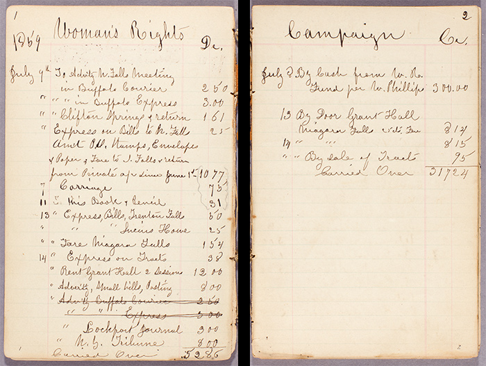 Two pages from Susan B. Anthony account book, April 17, 1858–July 27, 1860. In the spring of 1859, Anthony was engaged in preparation for the 9th Woman’s Rights Convention in New York City. The convention opened on May 12, 1859, at the Mozart Hall. The Huntington Library, Art Collections, and Botanical Gardens.