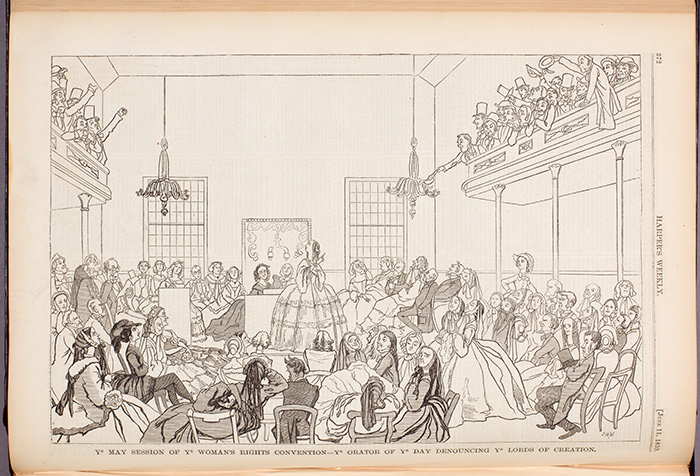 “Ye May Session of Ye Woman’s Rights Convention—Ye Orator of Ye Day Denouncing Ye Lords of Creation,” Harper’s Weekly, June 11, 1859. The Huntington Library, Art Collections, and Botanical Gardens.