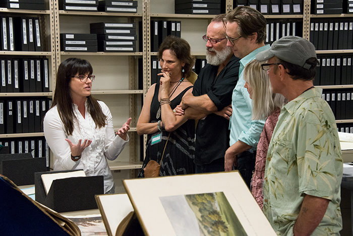Vanessa Wilkie, William A. Moffett Curator of British Historical Manuscripts, shows visitors from A Noise Within Theatre Company selections from The Huntington’s collections relating to the production of Tom Stoppard’s play Arcadia. Left to right: Vanessa Wilkie, Susan Angelo, Geoff Elliott, Eric Curtis Johnson, Alicia Green, and Stephen Weingartner. The Huntington Library, Art Collections, and Botanical Gardens. Photo by Kate Lain.