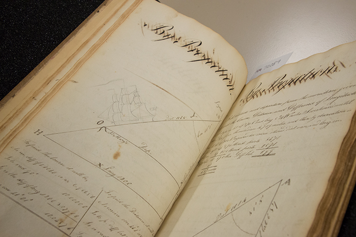 Mathematics manuscript (1820–1832) by Daniel Hallett, in which geometry and trigonometry are used to calculate and solve problems related to sailing directions. The Huntington Library, Art Collections, and Botanical Gardens. Photo by Kate Lain.