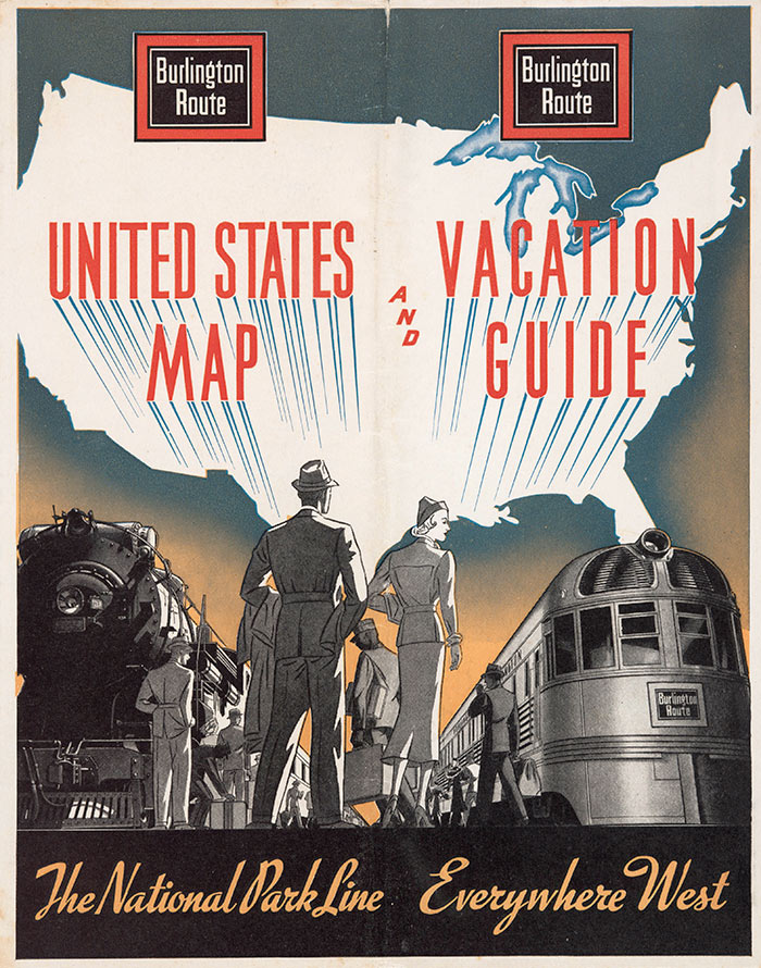 Burlington Route, United States Map and Vacation Guide, cover, 1938. The Huntington Library, Art Collections, and Botanical Gardens.