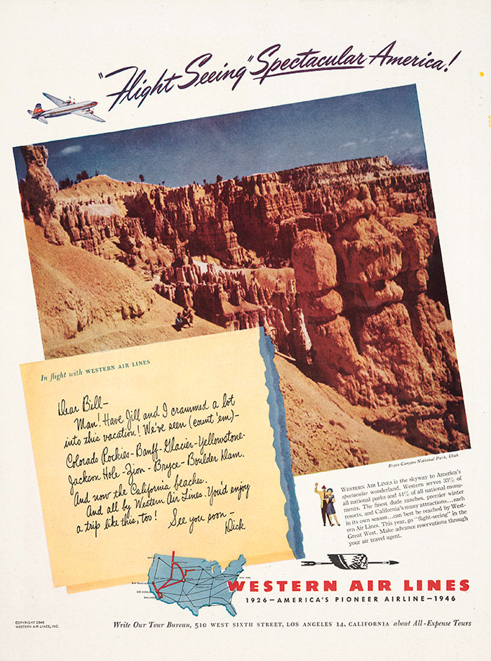 Western Air Lines, “’Flight Seeing’ Spectacular America,” advertisement, 1946. The Huntington Library, Art Collections, and Botanical Gardens.