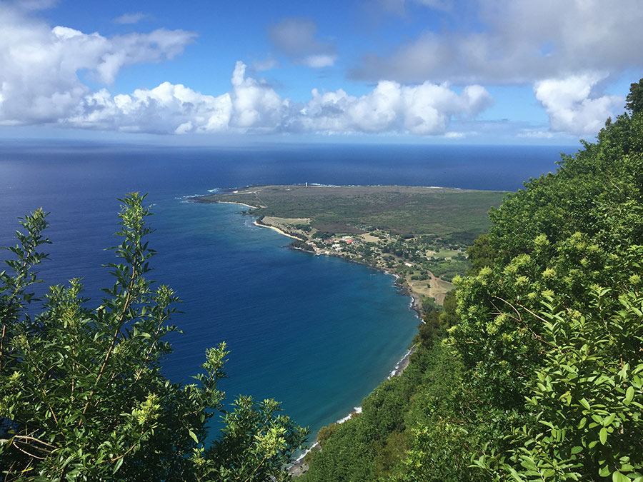 Looking down on the Kalaupapa peninsula from Molokai pali, August 2016. Photo by Jenny Watts.