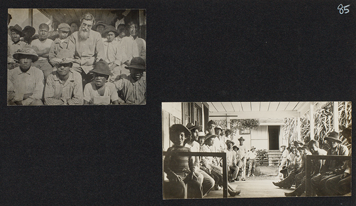 Two images of Joseph Dutton on Molokai, ca. 1905. In the image on the left, Dutton sits with a group of Hawaiian men and boys. In the image on the right, Dutton is seen with a group of men on a porch of what may be the Baldwin Home for men and boys that Dutton founded on Molokai.
