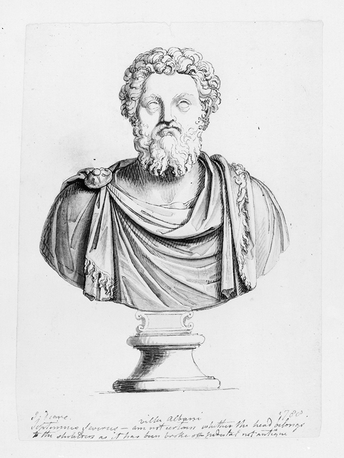 John Deare (British, 1759–1798), Album leaf: Bust of Septimius Severus, Roman Emperor, ca. 1788, pen and black ink and wash on paper, rendered here in black and white. The Huntington Library, Art Collections, and Botanical Gardens.