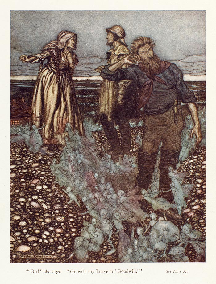 Victorian fairies were always associated with nature, but not always with the most pleasant parts of the natural world. In this Arthur Rackham illustration for Puck of Pook’s Hill by Rudyard Kipling, fairies swarm across the natural landscape in invisible multitudes, causing disease. The Huntington Library, Art Collections and Botanical Gardens.