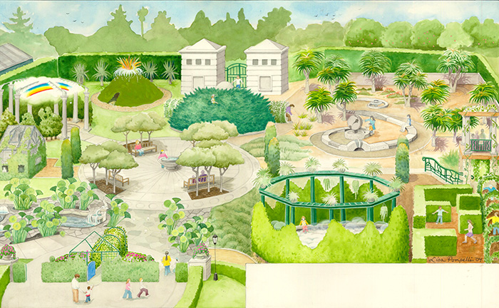 Artist’s rendering of the Helen and Peter Bing Children's Garden. Drawing by Lisa Pompelli.