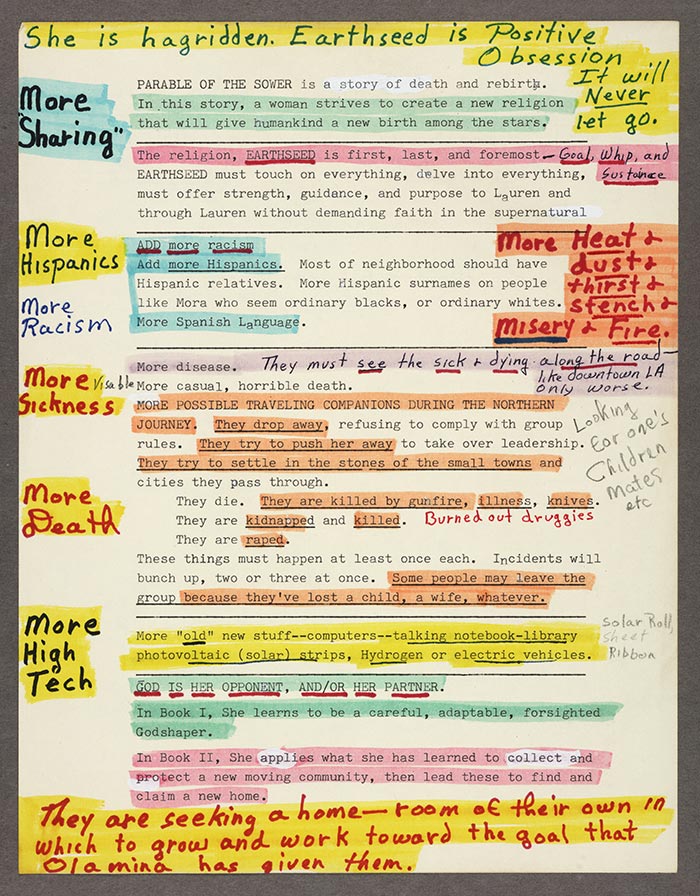 Outline and notes for Parable of the Sower, ca. 1989. The Huntington Library, Art Collections, and Botanical Gardens. Copyright Estate of Octavia E. Butler.
