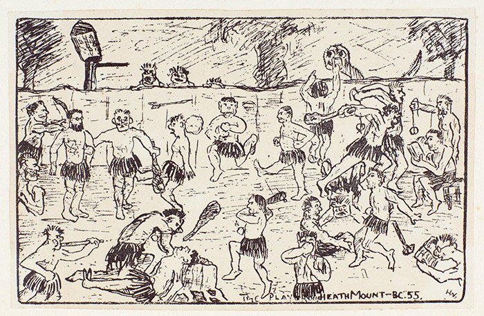 Naomi Milthorpe, a presenter at the Waugh conference, has been studying Waugh’s juvenilia at The Huntington, including “Heath Mount BC 55,” a humorous depiction of Heath Mount School in Hampstead, England, as it might have appeared in ancient times. Waugh attended the school from the age of 10 to 14. Illustration by Waugh and Hooper, 1916, Evelyn Waugh Papers. The Huntington Library, Art Collections, and Botanical Gardens.
