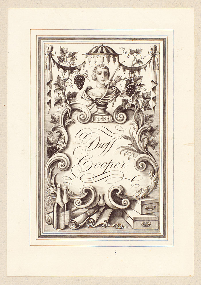 Duff Cooper bookplate pasted inside the autograph draft of Waugh’s travelogue Ninety-Two Days, Evelyn Waugh Papers. The Huntington Library, Art Collections, and Botanical Gardens.