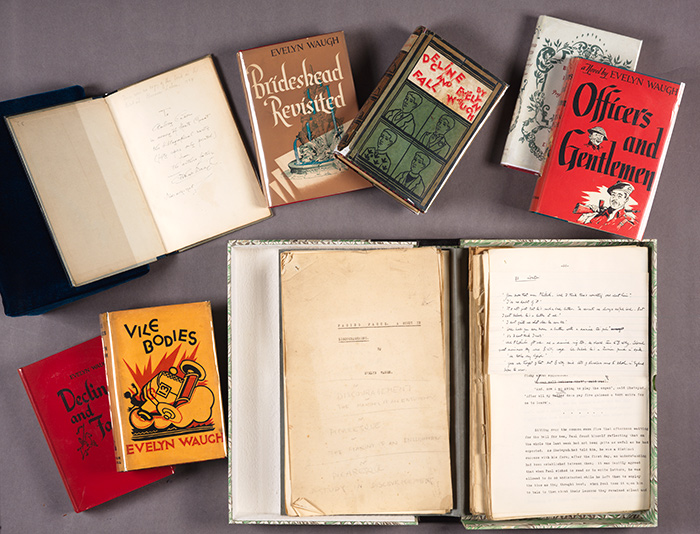 Books from the Evelyn Waugh Papers, with Waugh’s autograph manuscript of his travelogue Ninety-Two Days at bottom right. The Huntington Library, Art Collections, and Botanical Gardens.