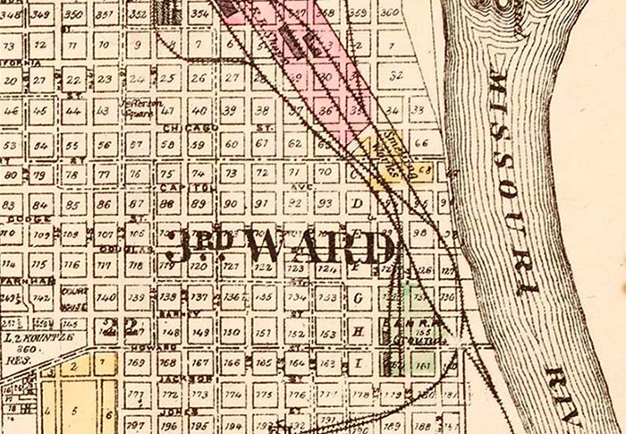 Detail of map of Omaha, Nebraska, 1887. This detail shows the vicinity of some of the brothels downtown by the railroad tracks and the river: “House of all Nations” at 9th and Dodge Street. (on map at the top of the second “R” in “3rd WARD”); “Mongrel House” at South 16th Street; and “Minnie Fairchild’s” at 120 South 9th St. (on 9th, just below Dodge Street). The Huntington Library, Art Collections, and Botanical Gardens.