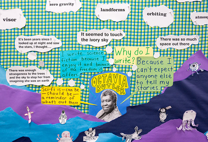 In a classroom at Rockdale Visual and Performing Arts Magnet, an elementary school in Eagle Rock, an image of science fiction writer Octavia E. Butler appears surrounded by her quotes and student drawings of creatures inspired by her work. Photo by Kate Lain.