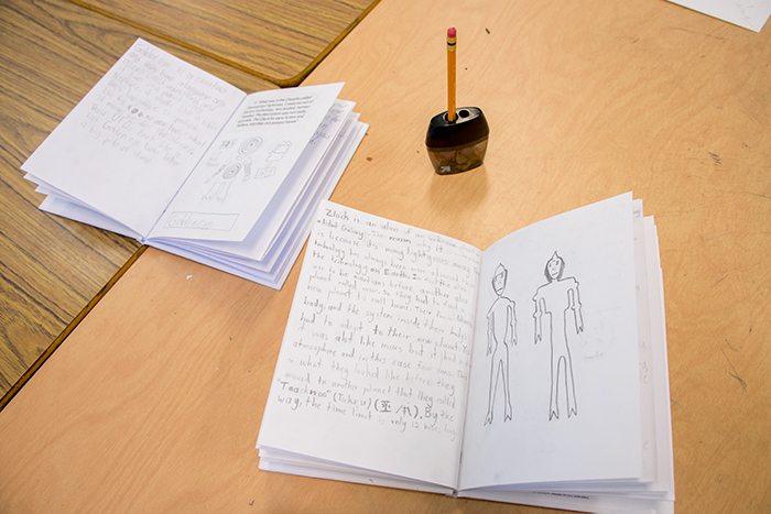 The Huntington’s educators developed a curriculum based on the life and legacy of Butler, involving creative writing for Rockdale’s fifth and sixth graders. Students created illustrated journals in which they described a day on an alien planet. Photo by Kate Lain.