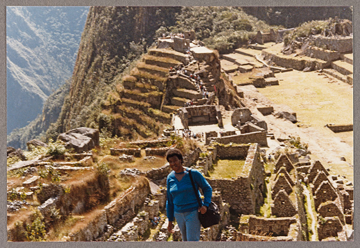 Butler in Machu Picchu, unidentified photographer, 1985. Butler traveled to Peru to conduct research for her Xenogenesis/Lilith’s Brood trilogy, which takes place in a post-apocalyptic rain forest and in and alien space vessel. The Huntington Library, Art Collections, and Botanical Gardens.