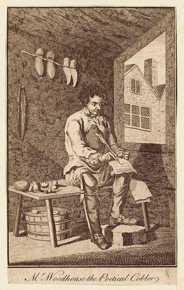 “Mr. Woodhouse the Poetical Cobler,” mounted print in an extra-illustrated copy of James Granger’s Biographical History of England (London, 1769). James Woodhouse (1735–1820), the British poet and shoemaker, did not sit for this popular portrait and hated it, later stating that it “never mark’d his character at all.” He also was annoyed at his characterization as a “cobbler,” a far inferior trade to making shoes. The Huntington Library, Art Collections, and Botanical Gardens.