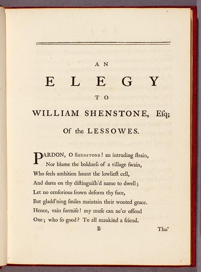 The beginning of Woodhouse’s first elegy to Shenstone in the 1764 Poems. The Huntington Library, Art Collections, and Botanical Gardens.