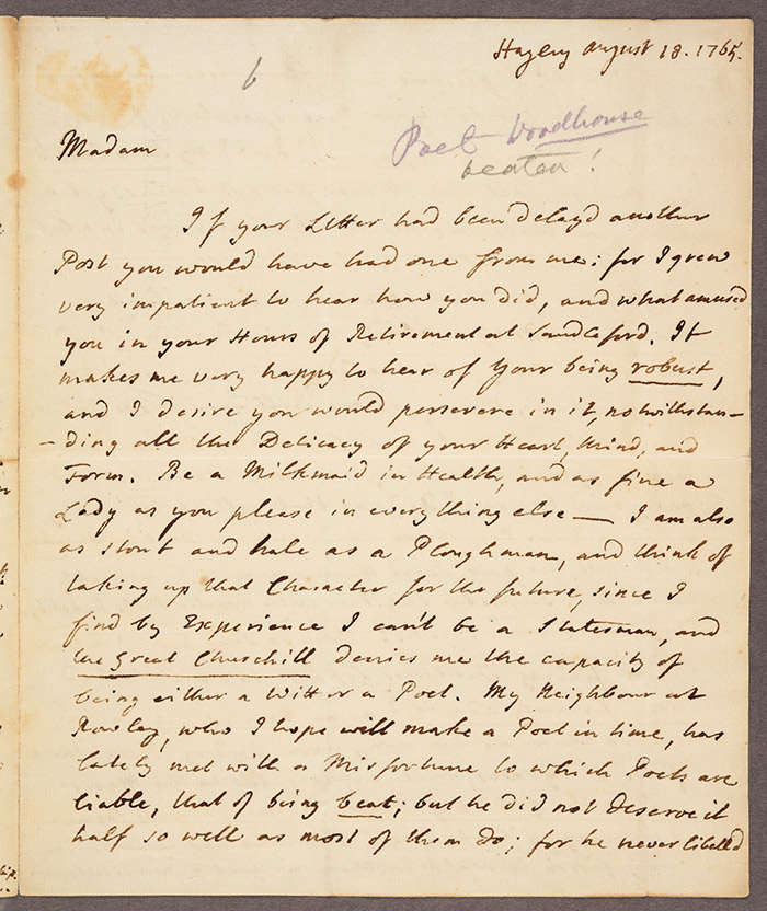 The note at the top this letter from George Lyttelton to Elizabeth Montagu was added by one of the early editors of Montagu’s correspondence. Although Lyttelton tried to forge some kind of reconciliation, Woodhouse never forgave Turnpenny for the assault and called him a “fierce Despot” in his 28,000-line poetic autobiography, The Life and Lucubrations of Crispinus Scriblerus, written throughout the 1790s. The Huntington Library, Art Collections, and Botanical Gardens.