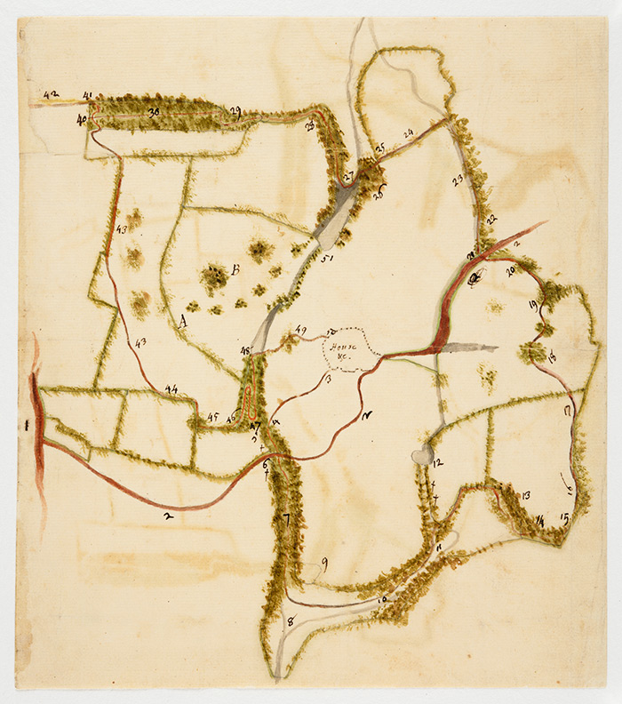 A plan of the Leasowes showing points of interest, accompanying Joseph Spence’s “The Round of Mr Shenstone’s Paradise.” The fight likely took place on one of the wooded walks visitors were meant to follow. The Huntington Library, Art Collections, and Botanical Gardens.