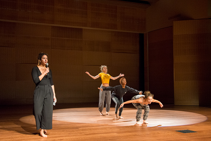 At a recent rehearsal, salon member Sydney Lopez (far left) joins Sokamba dancers on stage. The dancers (back to front) are Lara Marcin, Rachelle Clark, and Caribay Franke. Photo by Kate Lain.