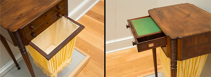 Left: Opening to a reconstruction of a 19th-century silk pouch that would have held needleworks in progress. Right: A writing tablet covered with green baize. Lady’s Work Table, ca. 1810. Unknown maker, American. Mahogany, mahogany veneer, and Eastern White pine, with silk sewing bag. Gift of Dr. Arthur Bond Cecil and Mrs. Henrietta Smith Cecil. The Huntington Library, Art Collections, and Botanical Gardens. Photos by Kate Lain.