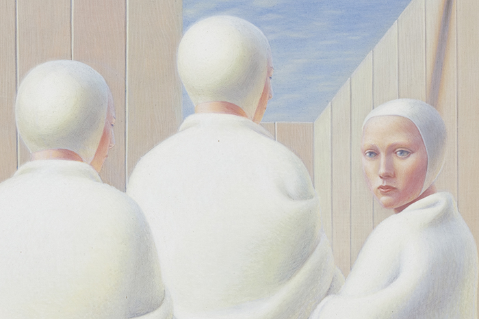 George Tooker (1920–2011), detail from Bathers (Bath Houses), 1950, egg tempera on gessoed board. The Huntington Library, Art Collections, and Botanical Gardens. Copyright Estate of George Tooker, Courtesy of DC Moore Gallery, New York.