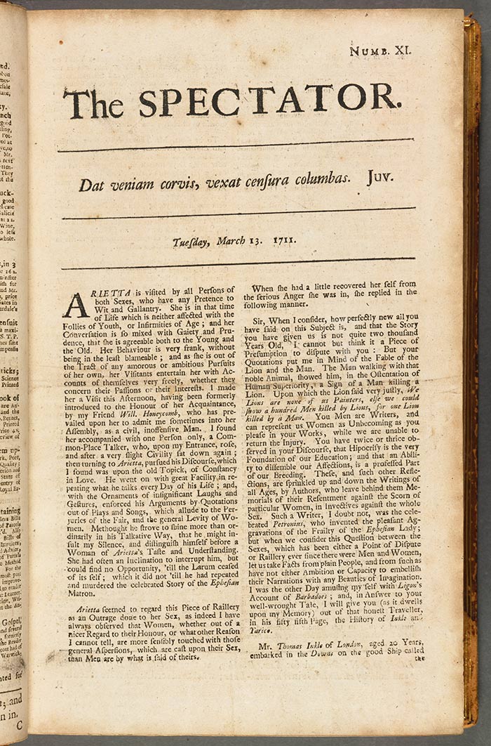 The Spectator, London, England, March 13, 1711. The Huntington Library, Art Collections, and Botanical Gardens.
