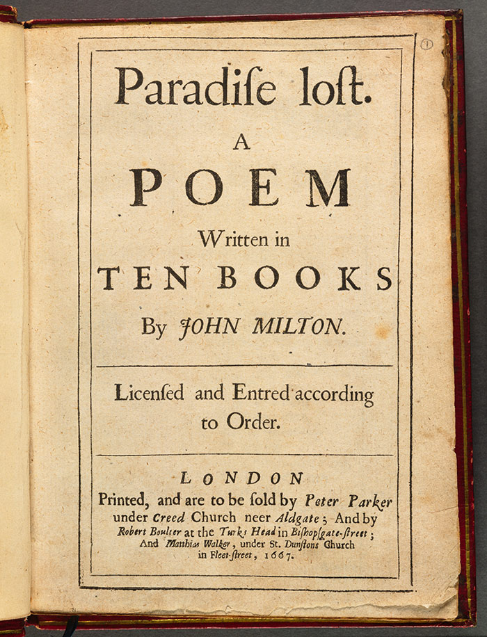 The title page of the first edition of Paradise Lost, 1667, by John Milton (1608–1674). The Huntington Library, Art Collections, and Botanical Gardens.