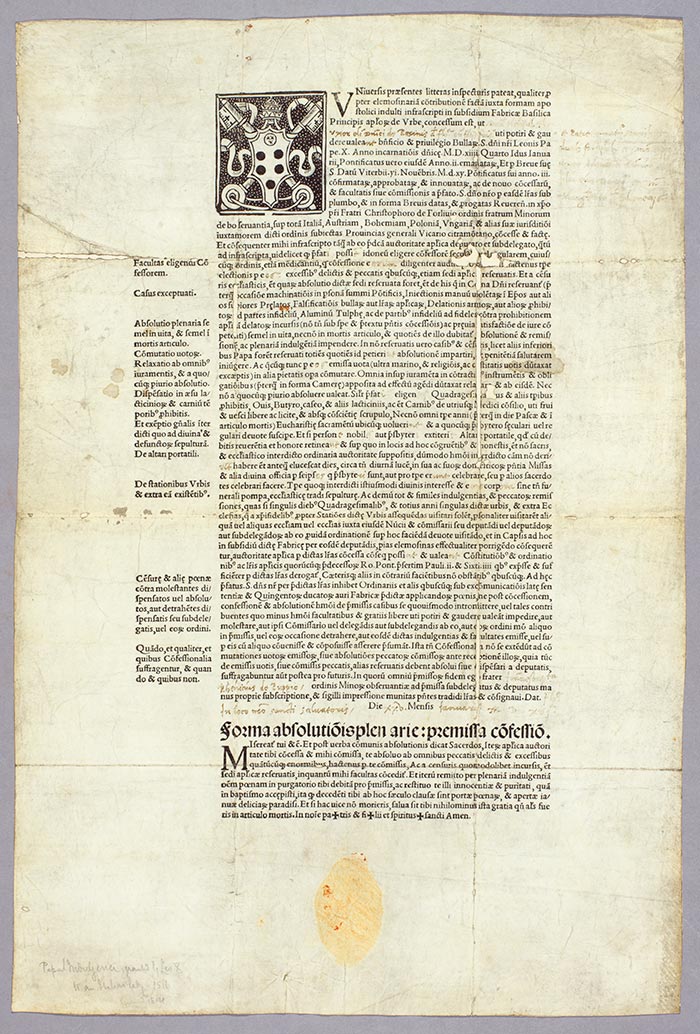 Papal indulgence issued by Pope Leo X, Florence, 1515. The Huntington Library, Art Collections, and Botanical Gardens.