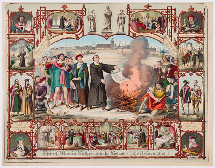 H. Breul and H. Brückner, Life of Martin Luther and Heroes of the Reformation, 1874, hand-colored lithograph, H. Schile; New York. The Jay T. Last Collection of Graphic Arts and Social History. The Huntington Library, Art Collections, and Botanical Gardens.