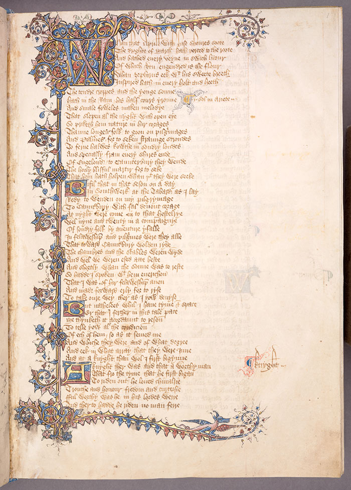 The first page of the General Prologue in the Ellesmere Chaucer, ca. 1400 to 1410, a beautiful and elaborately decorated manuscript of Geoffrey Chaucer’s Canterbury Tales. The Huntington Library, Art Collections, and Botanical Gardens.