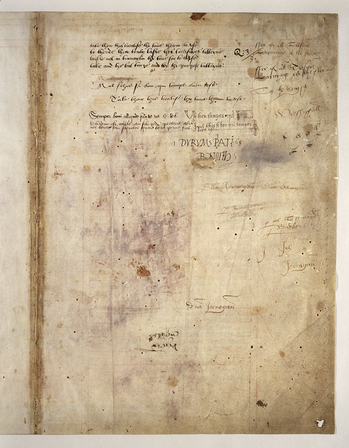 The flyleaves of the Ellesmere Chaucer tell us about the people who owned and used the manuscript before it left England. The graffiti on this page includes pen trials, writing exercises, and other scribbings. The Huntington Library, Art Collections, and Botanical Gardens.
