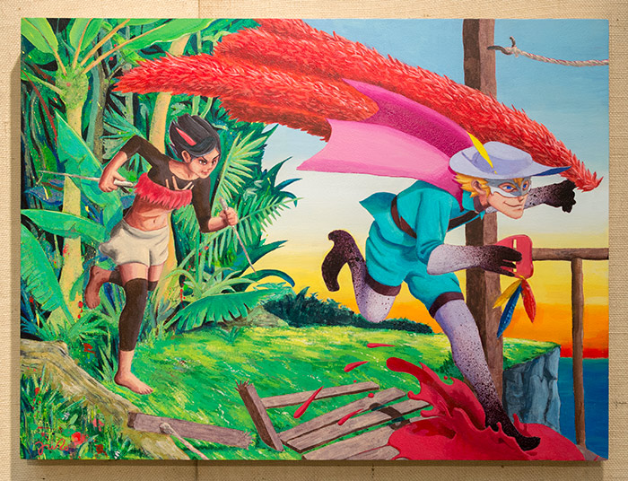 Jairo Perez, White Masked Ladrón, acrylic on canvas, 2017. This painting depicts a thief stealing a magnificent feathered cape. The cape that inspired the painting is on view in the “Visual Voyages” exhibition in the MaryLou and George Boone Gallery through January 8, 2018. Photo by Kate Lain.