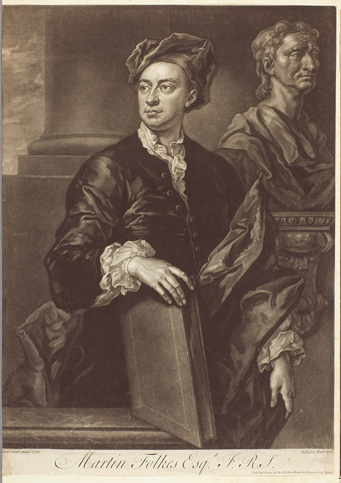 Mezzotint of Martin Folkes (1690–1754) with a bust of Isaac Newton (1643–1727) by J. Faber Jr., after the portrait by J. Vanderbank, between 1769 and 1774. The Huntington Library, Art Collections, and Botanical Gardens.