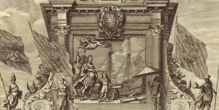 The Naval Arch (detail), from John Ogilby, The Entertainment of His Most Excellent Majestie Charles II, in His Passage through the City of London to His Coronation (London, 1662). The Huntington Library, Art Collections, and Botanical Gardens.