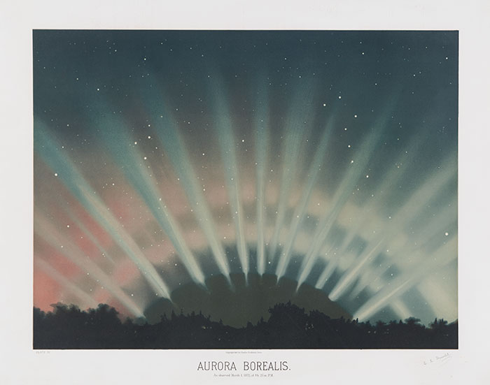 E. L. Trouvelot (1827–1895), Aurora Borealis, 1881, color lithograph, 25 3/4 × 32 3/4 in. Jay T. Last Collection of Graphic Arts and Social History. The Huntington Library, Art Collections, and Botanical Gardens.