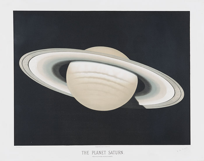 E. L. Trouvelot (1827–1895), The Planet Saturn, 1881, color lithograph, 25 3/4 × 32 3/4 in. Jay T. Last Collection of Graphic Arts and Social History. The Huntington Library, Art Collections, and Botanical Gardens.