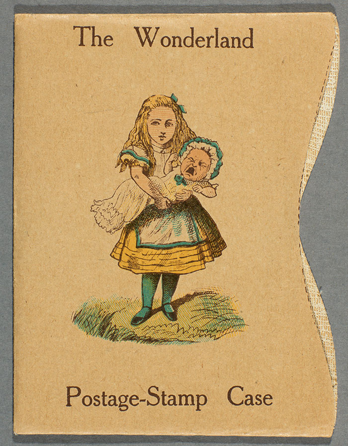 The Wonderland Postage Stamp Case features Alice holding a baby and a piglet respectively, alluding to a well-known Wonderland episode in which a baby changes into a pig. Carroll, Lewis, 1832–1898. The “Wonderland” postage-stamp-case. Oxford, Emberlin and son, [1908?]. The Huntington Library, Art Collections, and Botanical Gardens.