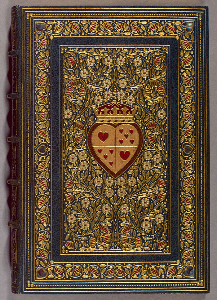 The splendid collector’s binding of this 1866 edition of Alice’s Adventures in Wonderland designed by Sangorski & Sutcliffe features hearts of mother-of-pearl in the corners. Lewis Carroll, 1832–1898. Alice’s Adventures in Wonderland. London: Macmillan and Co., 1866. First edition published in England. This is a 20th-century collector’s binding by Sangorski & Sutcliffe. The Huntington Library, Art Collections, and Botanical Gardens.