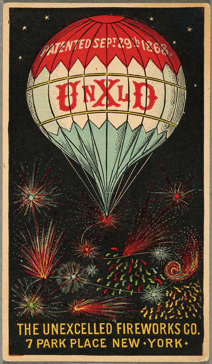 Trade card for Unexcelled Fireworks Company. Color lithograph, ca. 1880. Jay T. Last Collection of Graphic Arts and Social History. The Huntington Library, Art Collections, and Botanical Gardens.