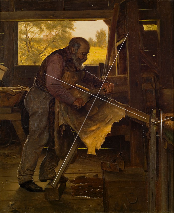 The hammer and the leg of the workbench form a cross. This shape is echoed by the two beams supporting the hide. John George Brown’s Scraping a Deerskin (also known as Preparing a Deer Hide), 1904, oil on canvas. The Huntington Library, Art Collections, and Botanical Gardens.