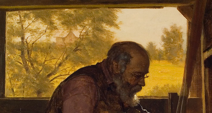 The image of the man scraping the deerskin is a portrait of the painter himself. Detail of John George Brown’s Scraping a Deerskin (also known as Preparing a Deer Hide), 1904, oil on canvas. The Huntington Library, Art Collections, and Botanical Gardens.