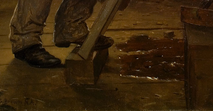 A puddle from the wet deerskin glistens at the scraper’s feet. Detail of John George Brown’s Scraping a Deerskin (also known as Preparing a Deer Hide), 1904, oil on canvas. The Huntington Library, Art Collections, and Botanical Gardens.