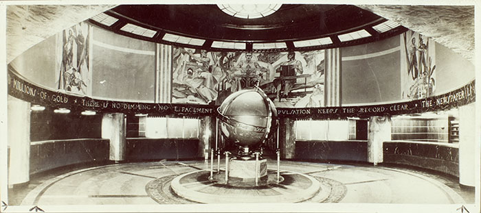 View of “Globe Lobby,” shortly after its completion, including a portion of the Hugo Ballin mural. Los Angeles Times Records, 1869–2002. The Huntington Library, Art Collections, and Botanical Gardens.