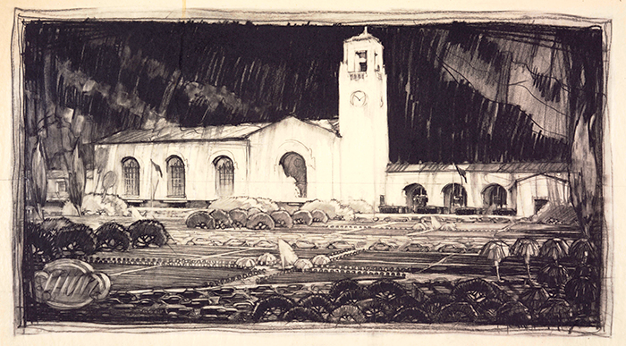 Edward Warren Hoak (1901–1978), chief designer, Los Angeles Union Passenger Terminal, ca. 1935. John Parkinson (1861–1935) and Donald Parkinson (1895–1945), architects. Charcoal on tracing paper, 16 x 29 5/8 inches. The Huntington Library, Art Collections, and Botanical Gardens.
